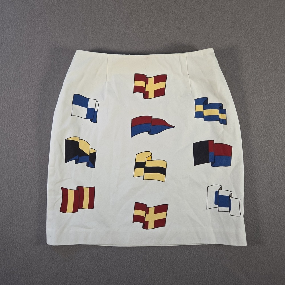 Vintage Talbots Skirt Womens 10 30 White Nautical Flags Midi Knee Length Pencil